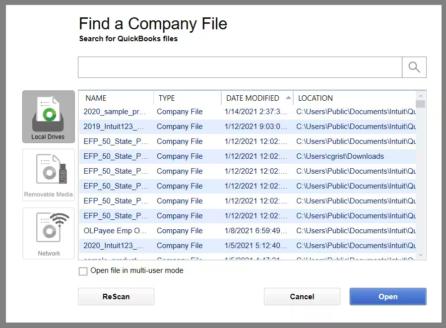 Where can you find QuickBooks files of different extensions