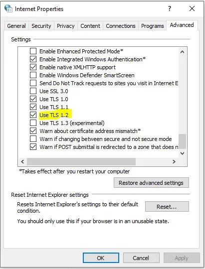 Enable TLS 1.2