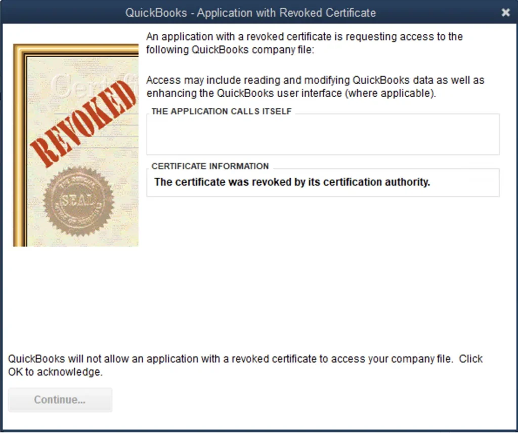 QuickBooks Application with Revoked Certificate Error