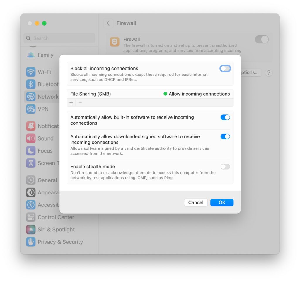 Verify MacOS firewall settings