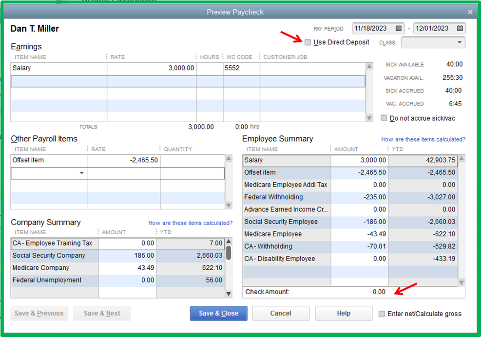 Paycheck with Zero Netpay