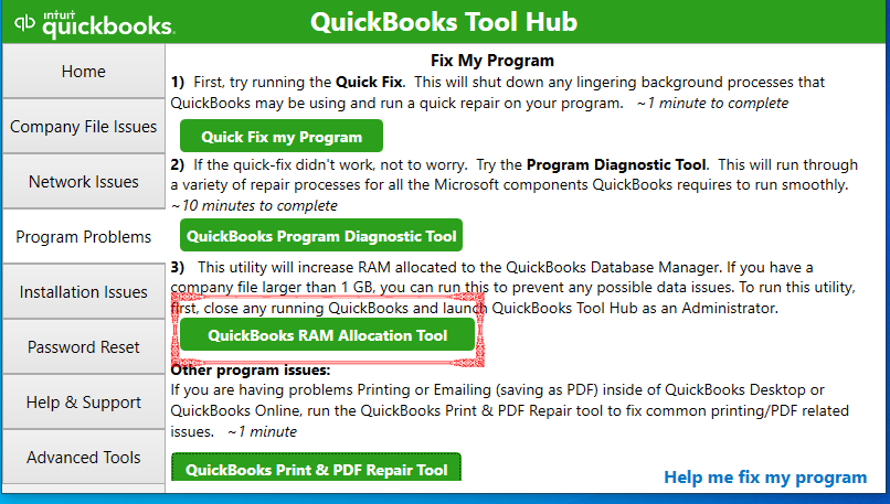 QuickBooks RAM Allocation Tool