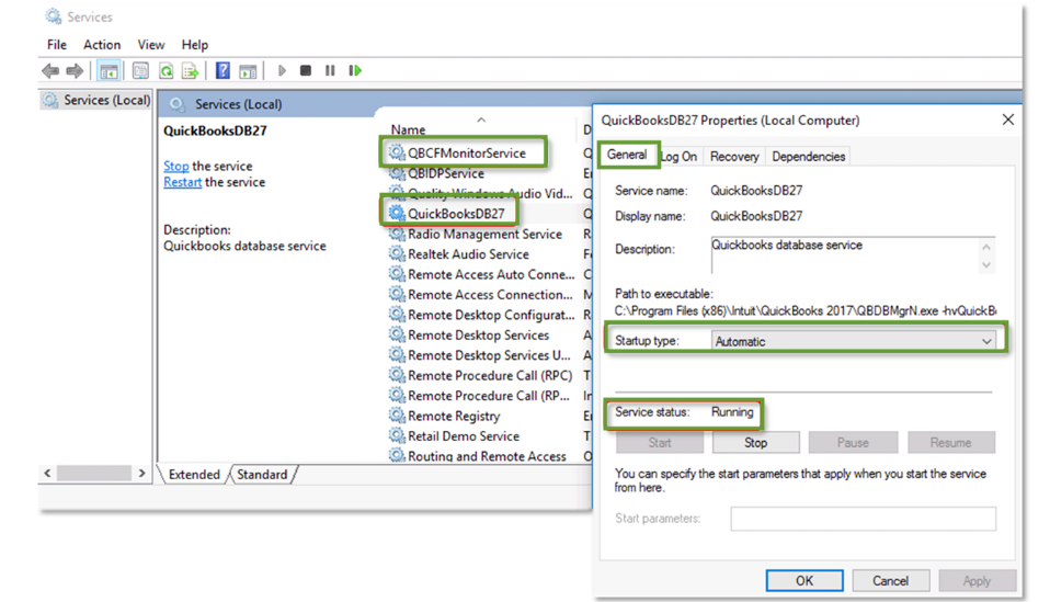 Admin Permissions to QuickBooksDBXX and QBCFMonitorService