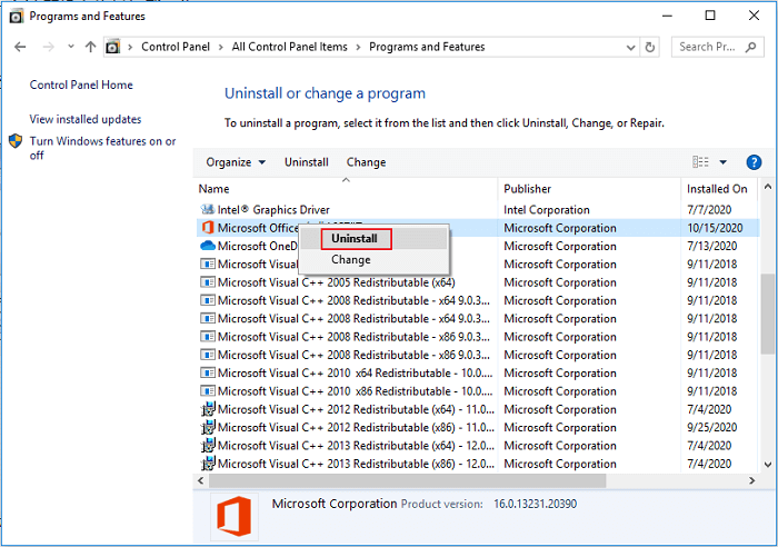 Uninstall/Change option.