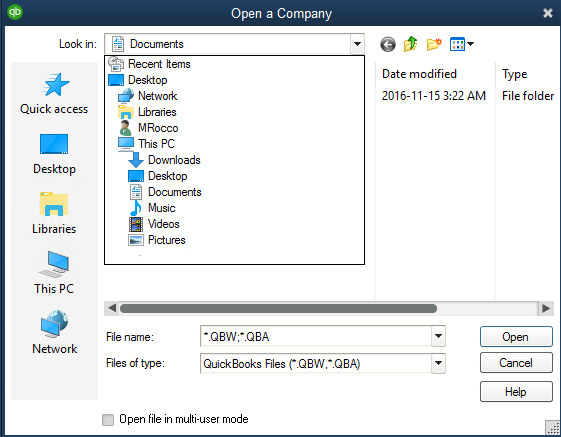 QuickBooks Open a Company