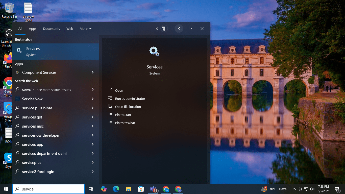Service in Windows Tab