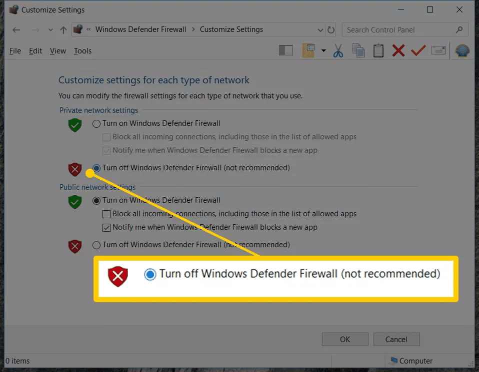 temporarily disable the Firewall
