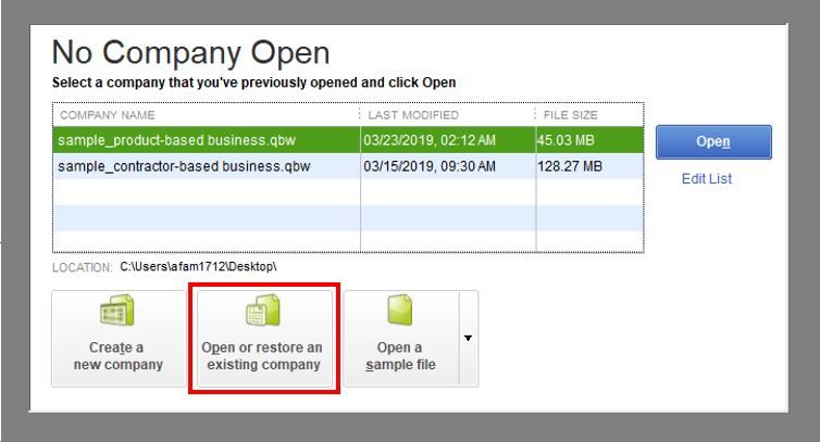 Open or Restore an Existing Company