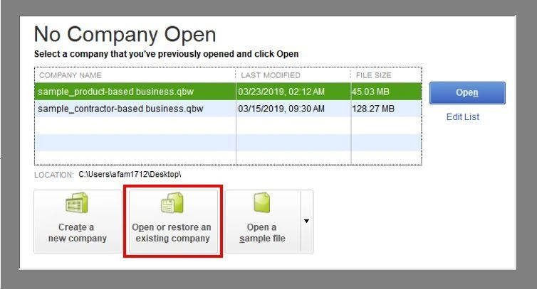 Open or restore an existing company