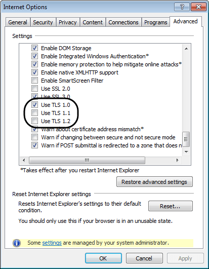 TLS Error Internet Options Setting tls