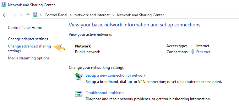Click Change advanced Sharing Setting