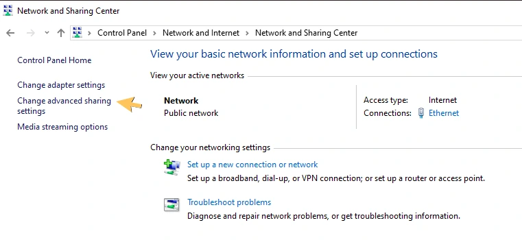 Click Change advanced Sharing Setting