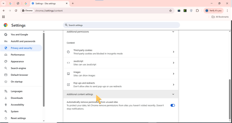 Additional content settings