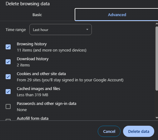 choose the following things to clear: temporary internet files, cookies, website data, history, and passwords