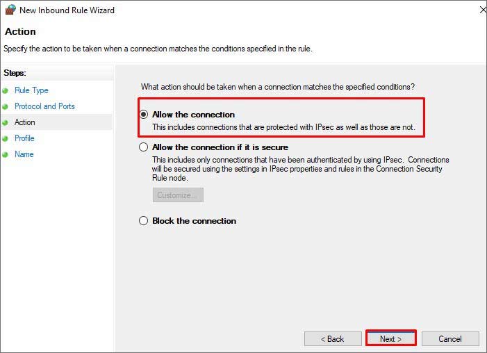 click on allow the connection option