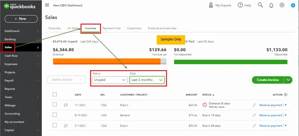 QuickBooks Sales Menu