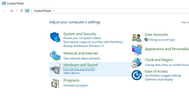 Under Hardware and Sound, choose View devices and printers