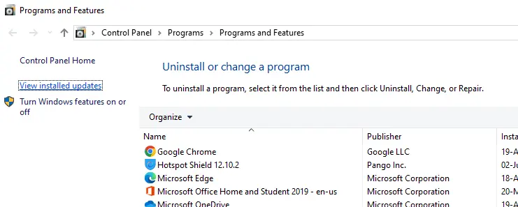 click on the View Installed Updates option