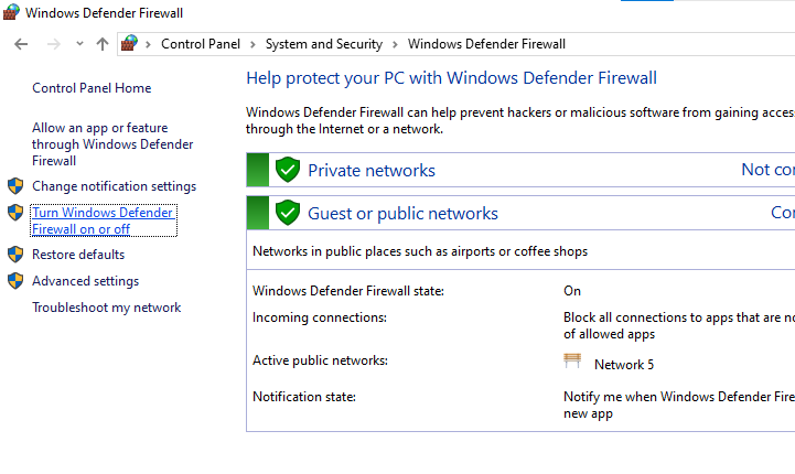 Turn Windows Defender Firewall on or off