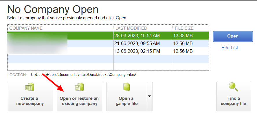 Open or restore an existing company