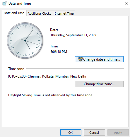 Press Change date and time