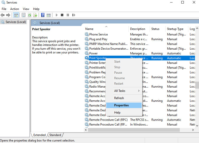 Right-click on the Print Spooler service