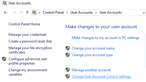 Change user account control settings