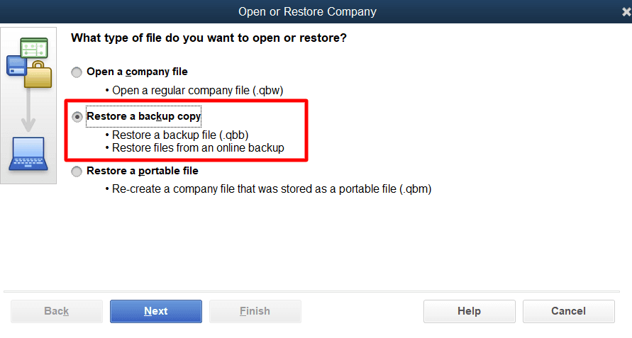 Select Restore a backup copy