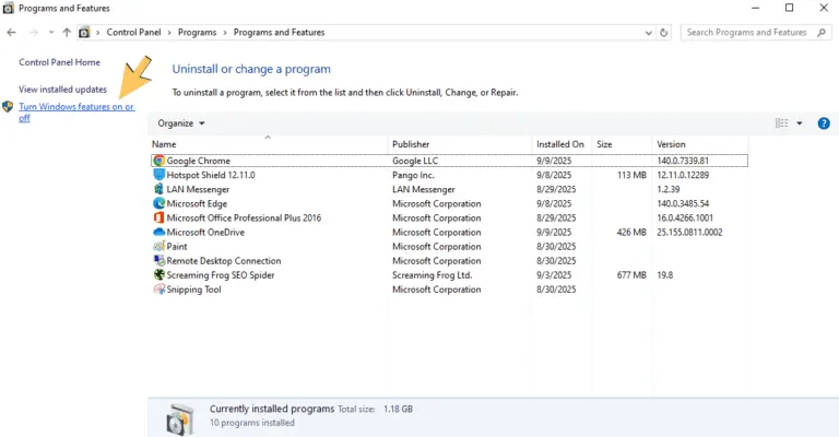 Turn Windows features on or off