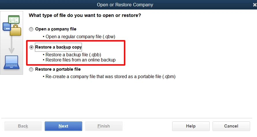 Select Restore a backup copy