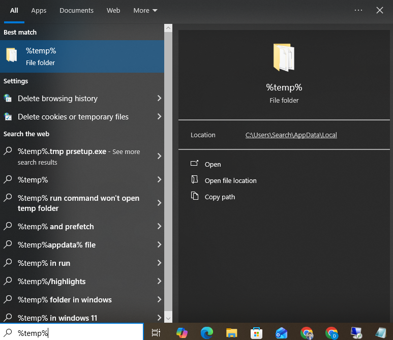 Search for and open the %temp% folder
