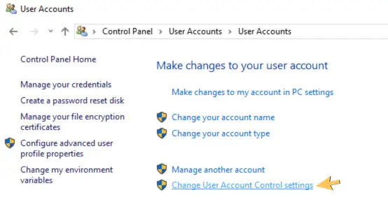 Press Change User Account Control Settings